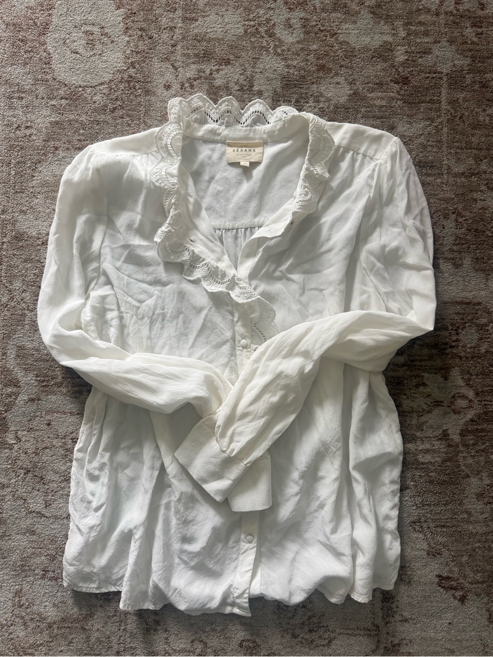 Sezane White Lace-Trim Ruffle Blouse